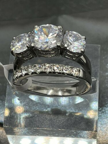 Jewellery Kingdom Cubic Zirconia Stainless Steel 2pcs Engagement Wedding Ring Set Silver Band - Jewelry Rings - British D'sire