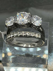 Jewellery Kingdom Cubic Zirconia Stainless Steel 2pcs Engagement Wedding Ring Set Silver Band - Jewelry Rings - British D'sire