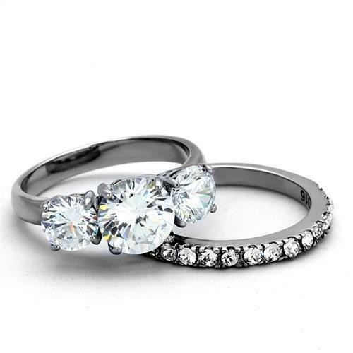 Jewellery Kingdom Cubic Zirconia Stainless Steel 2pcs Engagement Wedding Ring Set Silver Band - Jewelry Rings - British D'sire