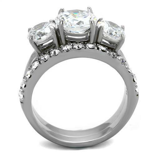 Jewellery Kingdom Cubic Zirconia Stainless Steel 2pcs Engagement Wedding Ring Set Silver Band - Jewelry Rings - British D'sire