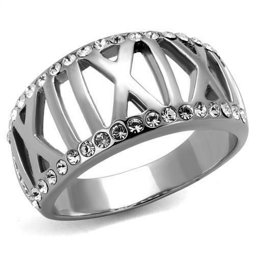 Jewellery Kingdom Cubic Zirconia Stainless Steel Band Roman Numeral Dome Ladies Ring - Jewelry Rings - British D'sire Main image