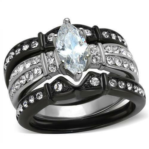 Jewellery Kingdom Cubic Zirconia Stainless Steel Black 1.50CT Ladies Marquise Engagement Ring Set - Jewelry Rings - British D'sire Main image