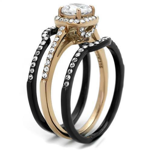 Jewellery Kingdom Cubic Zirconia Stainless Steel Engagement Wedding Ladies Ring Bands (Rose Gold & Black) - Jewelry Rings - British D'sire Main image