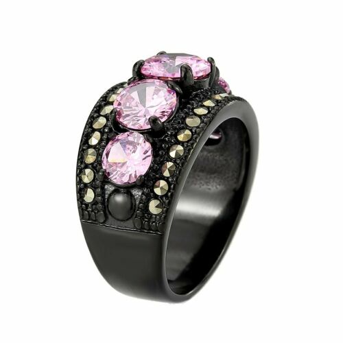 Jewellery Kingdom Cubic Zirconia Stainless Steel Ion Ladies Sapphire Ring Band (Black & Pink) - Rings - British D'sire