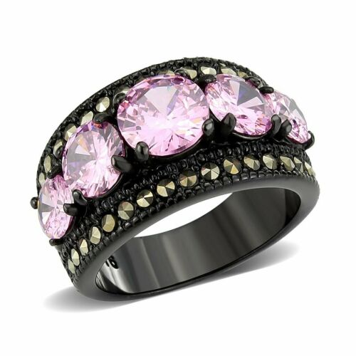 Jewellery Kingdom Cubic Zirconia Stainless Steel Ion Ladies Sapphire Ring Band (Black & Pink) - Rings - British D'sire Main image