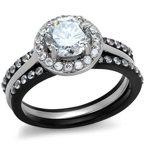 Jewellery Kingdom Cubic Zirconia Stainless Steel Ladies Black Engagement Wedding Bands Ring Set - Jewelry Rings - British D'sire Main image