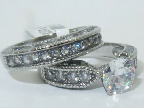 Jewellery Kingdom Cubic Zirconia Stainless Steel Ladies Engagement Weddin Ring Set Band (Silver) - Jewelry Rings - British D'sire