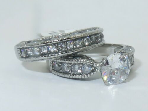 Jewellery Kingdom Cubic Zirconia Stainless Steel Ladies Engagement Weddin Ring Set Band (Silver) - Jewelry Rings - British D'sire