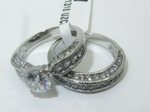 Jewellery Kingdom Cubic Zirconia Stainless Steel Ladies Engagement Weddin Ring Set Band (Silver) - Jewelry Rings - British D'sire
