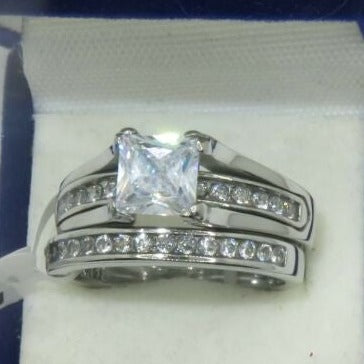 Jewellery Kingdom Cubic Zirconia Stainless Steel Ladies Princess Engagement Wedding Band Ring Set (Silver) - Jewelry Rings - British D'sire Main image