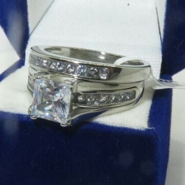 Jewellery Kingdom Cubic Zirconia Stainless Steel Ladies Princess Engagement Wedding Band Ring Set (Silver) - Jewelry Rings - British D'sire