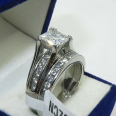 Jewellery Kingdom Cubic Zirconia Stainless Steel Ladies Princess Engagement Wedding Band Ring Set (Silver) - Jewelry Rings - British D'sire