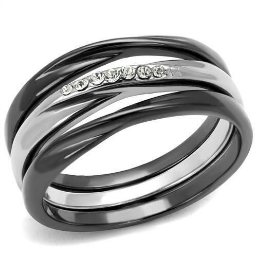 Jewellery Kingdom Cubic Zirconia Stainless Steel Ladies Wedding 3 Pieces Stacking Bands Ring (Black) - Jewelry Rings - British D'sire Main image