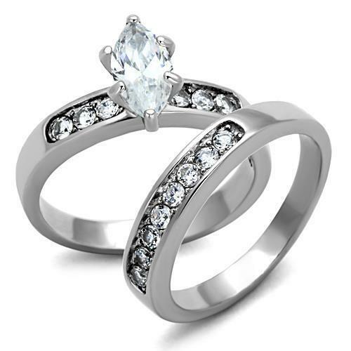 Jewellery Kingdom Cubic Zirconia Stainless Steel Silver Marquise Wedding Band Ring Set - Jewelry Rings - British D'sire Main image