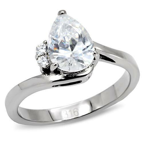 Jewellery Kingdom Cubic Zirconia Stainless Steel Silver Pretty Realistic Sparkle Ladies Pear Ring - Jewelry Rings - British D'sire