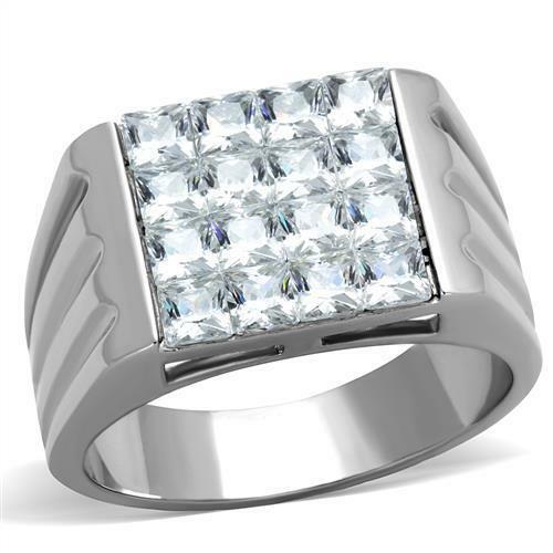 Jewellery Kingdom Cubic Zirconia Stainless Steel Square Stones Silver Super Realistic Mens Signet Ring - Jewelry Rings - British D'sire