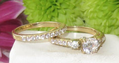 Jewellery Kingdom Cubic Zirconia Three Stone 18kt Steel Engagement Wedding Ladies Gold Ring Set Band - Jewelry Rings - British D'sire