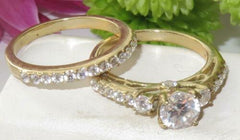 Jewellery Kingdom Cubic Zirconia Three Stone 18kt Steel Engagement Wedding Ladies Gold Ring Set Band - Jewelry Rings - British D'sire