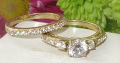 Jewellery Kingdom Cubic Zirconia Three Stone 18kt Steel Engagement Wedding Ladies Gold Ring Set Band - Jewelry Rings - British D'sire