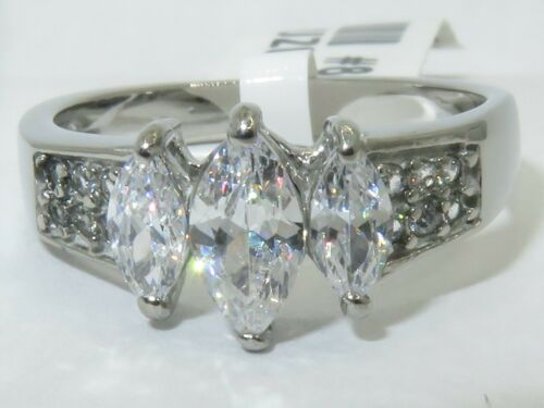Jewellery Kingdom Cubic Zirconia Three Stone Silver Stainless Steel Ladies Marquise Ring - Jewelry Rings - British D'sire Main image