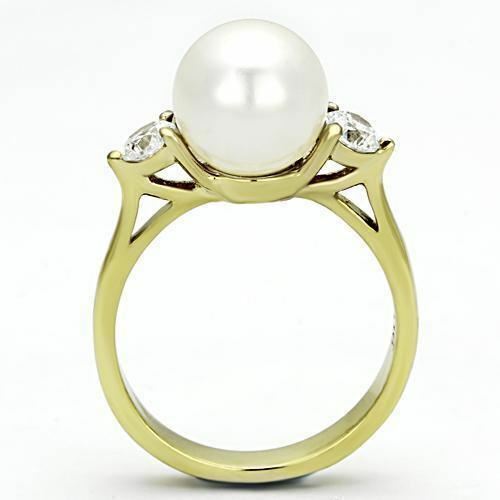 Jewellery Kingdom Cubic Zirconia Three Stone Steel Elegant White 18Kt Ladies Pearl Gold Ring - Jewelry Rings - British D'sire Main image