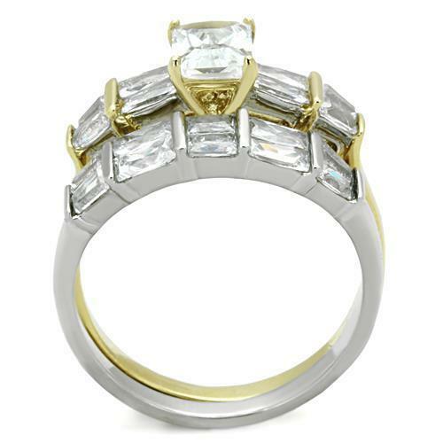 Jewellery Kingdom Cubic Zirconia Two Tone Gold 18Kt Steel Ladies Wedding Engagement Emerald Ring Set Band Secondary image