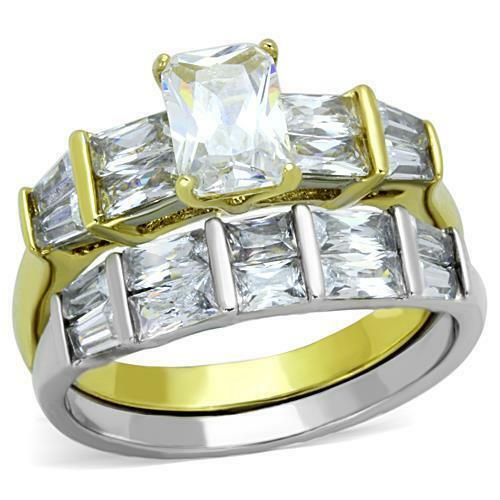 Jewellery Kingdom Cubic Zirconia Two Tone Gold 18Kt Steel Ladies Wedding Engagement Emerald Ring Set Band - Jewelry Rings - British D'sire Main image