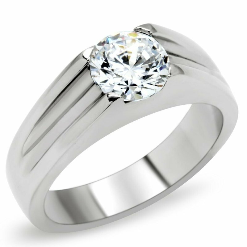 Jewellery Kingdom Cubic Zirconia Unisex Signet Pinky Stainless Steel Mens Solitaire Ring (Silver) - Jewelry Rings - British D'sire