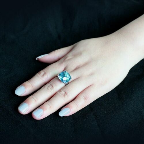 Jewellery Kingdom Cushion Cut Silver Stainless Steel Solitaire Cocktail Ladies Blue Topaz Ring - Rings - British D'sire