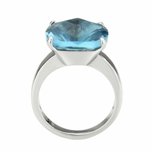 Jewellery Kingdom Cushion Cut Silver Stainless Steel Solitaire Cocktail Ladies Blue Topaz Ring - Rings - British D'sire