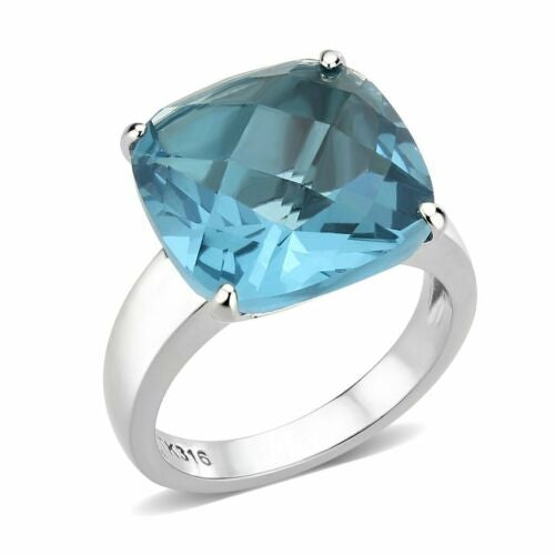 Jewellery Kingdom Cushion Cut Silver Stainless Steel Solitaire Cocktail Ladies Blue Topaz Ring - Rings - British D'sire