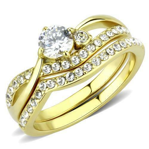 Jewellery Kingdom CZ Band Oval Solitaire 18KT Steel Engagement Wedding Ladies Gold Ring Set - Jewelry Rings - British D'sire Main image