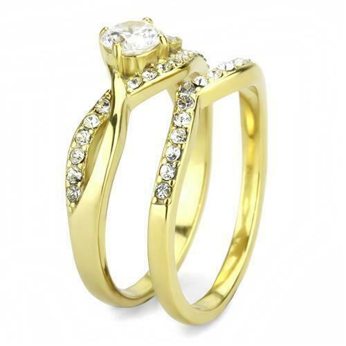 Jewellery Kingdom CZ Band Oval Solitaire 18KT Steel Engagement Wedding Ladies Gold Ring Set Secondary image