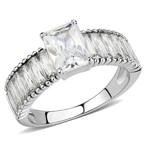 Jewellery Kingdom Cz Engagement Stainless Steel Clear 4 Carat Silver Ladies Emerald Ring - Engagement Rings - British D'sire Main image