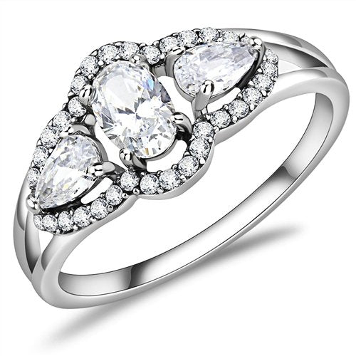 Jewellery Kingdom CZ Ladies Pear Oval Pav Pretty Stainless Steel Silver Three Stone Ring - Jewelry Rings - British D'sire Main image
