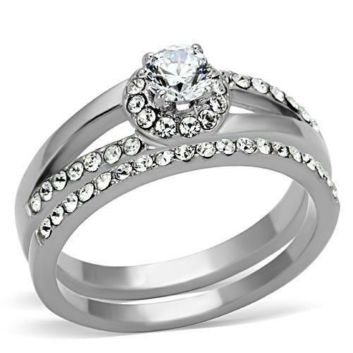 Jewellery Kingdom CZ Stainless Steel Pretty Engagement Wedding Band Silver Ring Set - Jewelry Rings - British D'sire Main image
