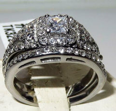 Jewellery Kingdom CZ Stainless Steel Princess Cut Engagement Wedding Band Stainless Steel Ladies Ring Set - Engagement Rings - British D'sire