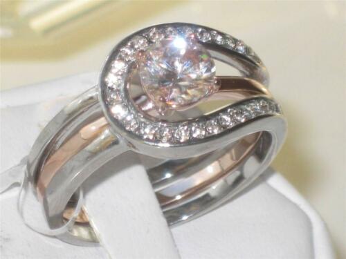 Jewellery Kingdom CZ Stainless Steel Wedding Band Guard Ladies Solitaire Ring Set - Jewelry Rings - British D'sire Main image
