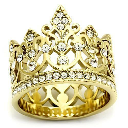 Jewellery Kingdom Cz Steel 18kt Tiera Ladies Flat Pave Cocktail Pretty Crown Ring (Gold) - Jewelry Rings - British D'sire Main image