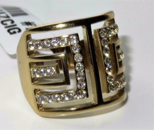 Jewellery Kingdom CZ Wide Steel 18KT Steel Band Ladies Gold Band Greek Key Ring - Jewelry Rings - British D'sire Main image