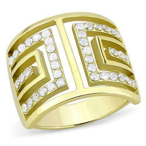 Jewellery Kingdom CZ Wide Steel 18KT Steel Band Ladies Gold Band Greek Key Ring Secondary image