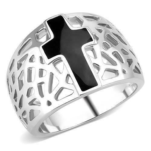 Jewellery Kingdom Dome Open Stainless Steel Epoxy Ladies Cross Ring (Black & Silver) - Rings - British D'sire Main image