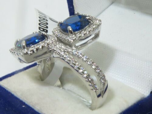 Jewellery Kingdom Double Headed cz Silver Dress Rhodium Handmade Ladies Sapphire Ring (Blue) - Rings - British D'sire