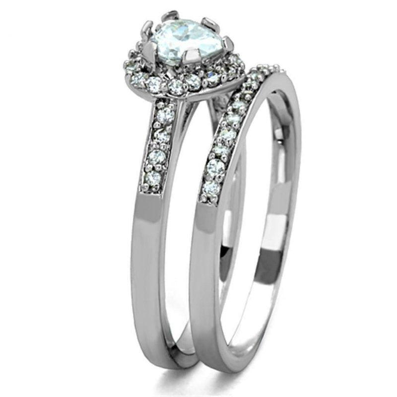 Jewellery Kingdom Elegant CZ Stainless Steel Heart Silver Engagement Wedding Band Ring Set - Jewelry Rings - British D'sire Main image