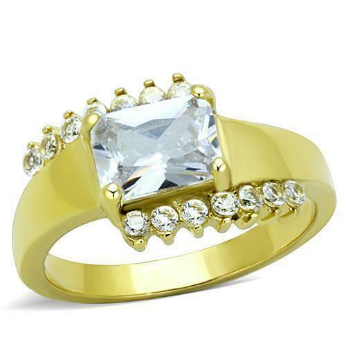 Jewellery Kingdom Emerald Cut 2 CT Steel Cubic Zirconia Clear Ladies Gold Ring - Jewelry Rings - British D'sire Main image