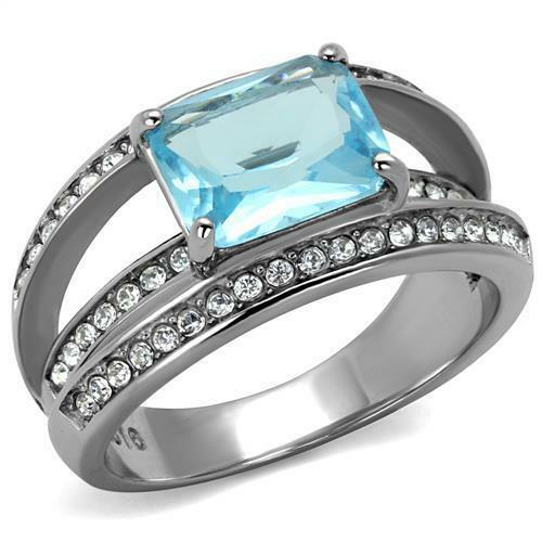 Jewellery Kingdom Emerald Cut 6 CT Cubic Zirconia Stainless Steel Ladies Bue Topaz Ring (Silver) - Jewelry Rings - British D'sire