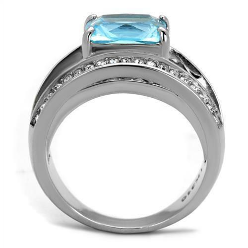 Jewellery Kingdom Emerald Cut 6 CT Cubic Zirconia Stainless Steel Ladies Bue Topaz Ring (Silver) - Jewelry Rings - British D'sire