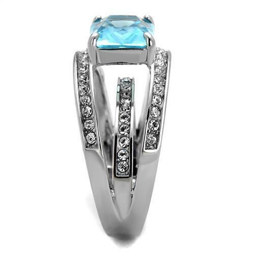 Jewellery Kingdom Emerald Cut 6 CT Cubic Zirconia Stainless Steel Ladies Bue Topaz Ring (Silver) - Jewelry Rings - British D'sire
