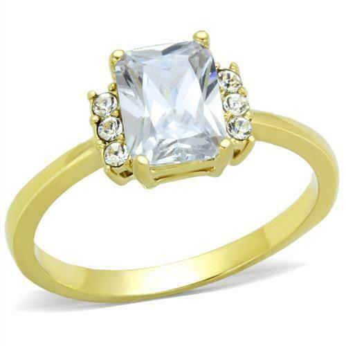 Jewellery Kingdom Emerald Cut Cubic Accents Ladies Engagement Ring (Gold) - Jewelry Rings - British D'sire Main image