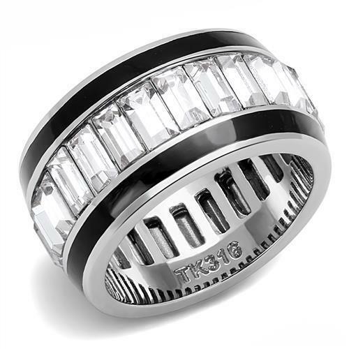 Jewellery Kingdom Emerald Cut Enamel Stainless Steel Ladies cz Band Ring (Black & Silver) - Rings - British D'sire Main image